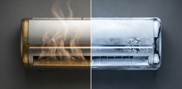 Dramatic Contrast of Hot Dirty Malfunctioning AC Unit with Cold Frosty One