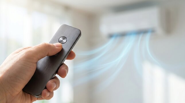 Hand holding remote control operating a split air conditioner with cool air