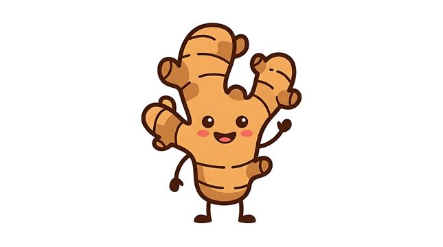 Cartoon ginger root character smiling.