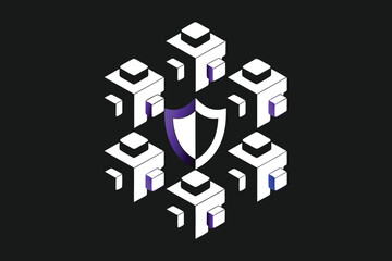 Fototapeta premium Cyber Shield: Digital fortress of protection concept. Illustrated graphic of digital shield in hexagonal of cubes in dark background.