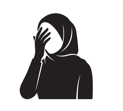 Silhouette of a woman in a hijab covering her face with her hand, conveying a sense of sadness, grief, or despair