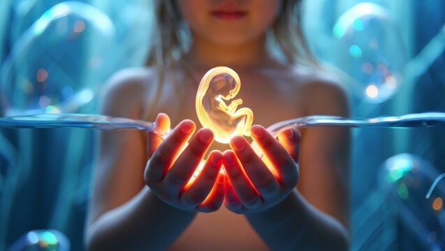 A symbolic representation of the miracle of life and the advancements in IVF technology, showcasing a woman's hands gently holding a glowing fetus in a futuristic laboratory setting.