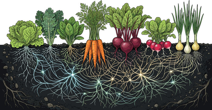 Healthy Vegetable Garden Ecosystem with Detailed Root Systems and Soil Microorganisms Illustrating Plant Growth Biology for Agriculture Science and Organic Farming Education
