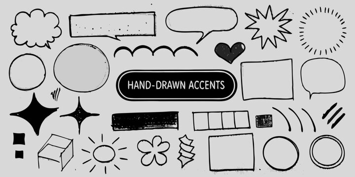 hand drawn speech bubbles and doodle elements collection on gray background