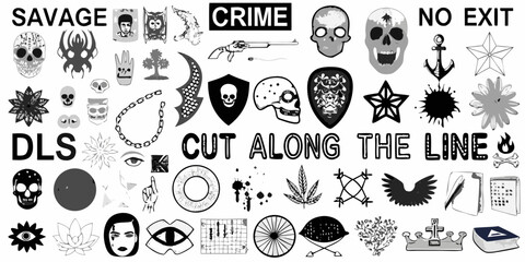 Tattoo flash sheet with skulls anchors and floral designs in black and white © Mithun