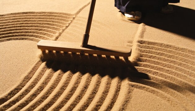 Raking keeper pulling wooden rake in Zen garden, forming sand grooves, sandals and dark robe hem