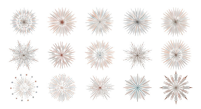 Comprehensive set of vintage sunburst and starburst design elements featuring radiant thin lines in various circular and geometric explosion patterns.