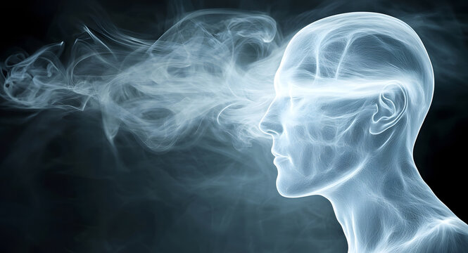 Abstract head dissolving into smoke,concept of dementia and absent-mindedness,visual metaphor for memory loss and mental disconnection,dementia as fading identity,psychology banner with copy space