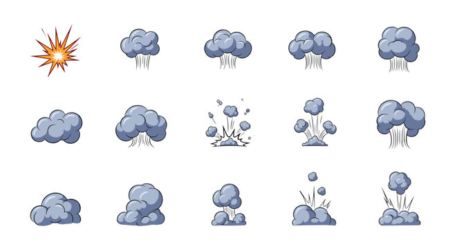 Sequence of cartoon explosion and smoke cloud icons showing different stages of a blast effect from a single spark to large billowing puffs.