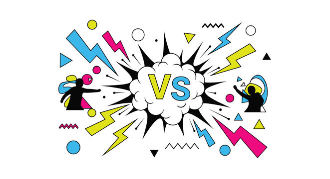 Dynamic versus battle concept illustration featuring an explosion with VS text, lightning bolts, and character silhouettes in pop art style.