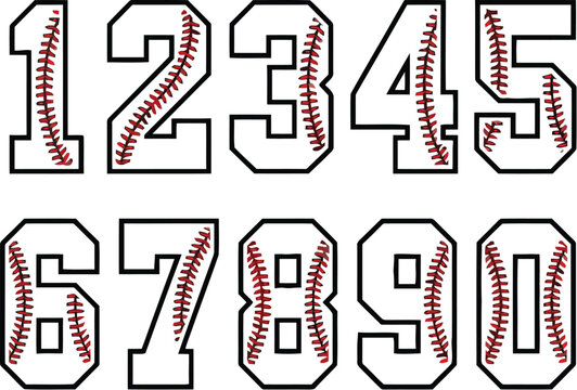 Baseball numbers zero through nine black outline on white background