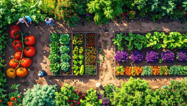 Aerial view of a vibrant, diverse community garden showcasing rows of fresh vegetables and abundant produce thriving in fertile soil