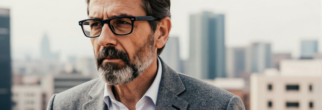 Mature man with beard and glasses looks pensively, city buildings in background. Businessman in gray jacket ponders future, career success, urban lifestyle, thoughtful pose.