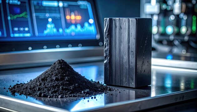 A Dark Gray Graphite Block and Powder Sample Displayed Against a Digital Screen Showing Data