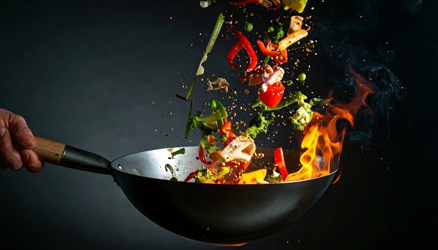 Stir frying vegetables in a wok.