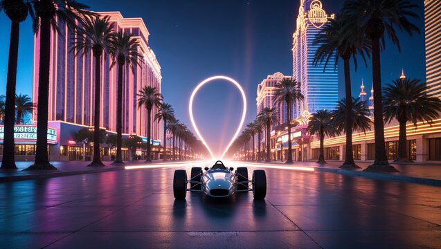 Race Car Las Vegas Neon Boulevard Night Wide Establishing
