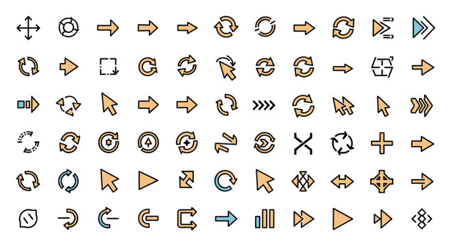 Extensive collection of arrow icons and mouse cursors features diverse styles and directional indicators for user interface development.