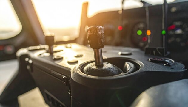 Close up of a worn drone controller joystick, showing texture and controls in golden hour sunlight