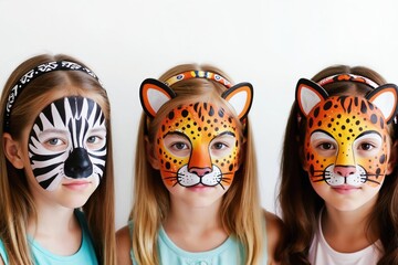 Naklejka premium Three girls wear animal face paint, a zebra and two leopards, smiling gently. They have headbands with matching ears. Children play, having fun outdoors. Their faces are bright.