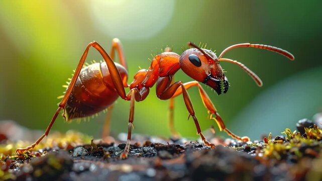 Extreme close-up macro photography of a bright red ant on mossy ground side view bright sunlight
