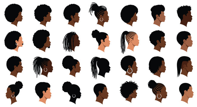 Grid of profile silhouettes showcases the diversity of Black hairstyles and features to celebrate identity and representation in design.