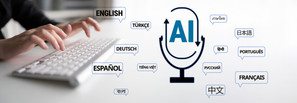 Hands typing on a keyboard with multicultural language icons and AI symbol in a digital tech environment showcasing communication and translation technology Quark.