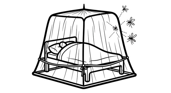 A black and white illustration of a bed with a mosquito net