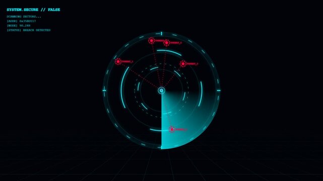 Radar system interface displaying digital tracking screen with targets for futuristic military technology