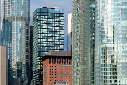 Corporate skyscrapers dominate the Frankfurt Bankenviertel Germany business district where banking and finance support a modern skyline and city growth
