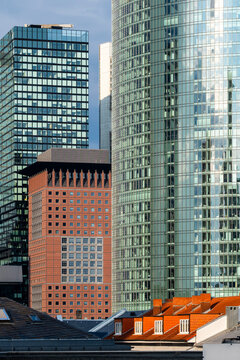 Corporate skyscrapers and offices rise in Frankfurt Bankenviertel Germany as banking and finance define the business district with modern corporate design