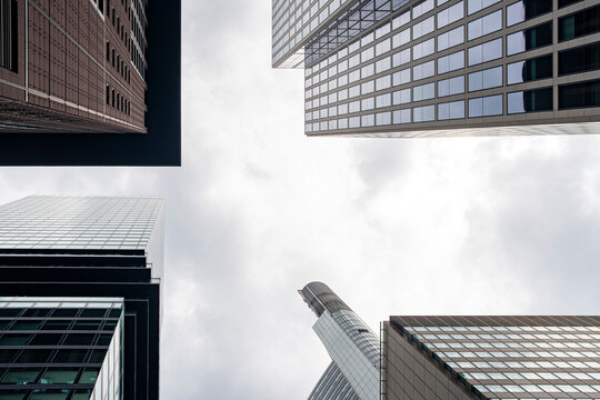 Modern corporate skyscrapers define a banking and finance business district in Frankfurt Bankenviertel Germany with bold architecture for global markets