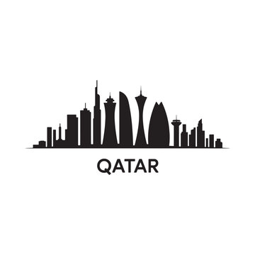 Qatar skyline silhouette against a white background with country name