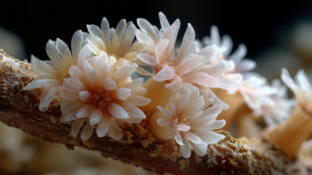 Delicate coral polyps bloom like tiny flowers on a branch underwater