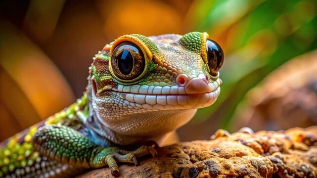 Extreme close-up of a vibrant green and orange gecko with large eyes perched on a textured rock