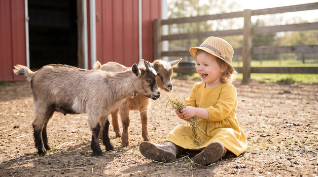 Adorable toddler girl in yellow dress and straw hat playing with goats at farm
