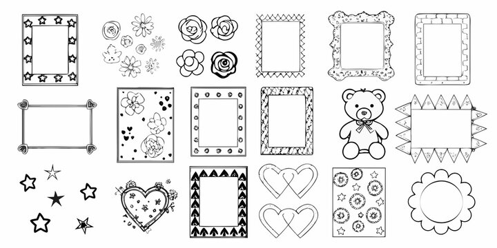 Black ink frame borders and floral doodles on white background