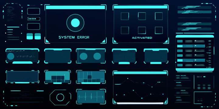 sci fi hud interface elements with blue glow on dark background