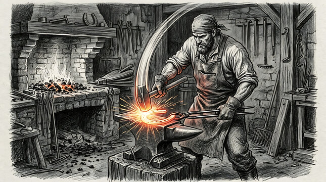 Blacksmith working at an anvil with sparks flying ink sketch ink drawing fire hot metal heavy industry blacksmith metalworking craftsman industry workshop illustration historical