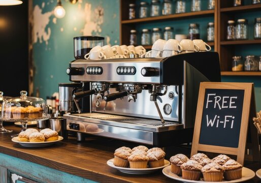 Commercial espresso machine sits on a wooden counter inside a coffee shop with muffins and a wifi sign.