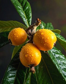Fresh Ripe Yellow Loquats On A Branch With Water Droplets Macro Photography On Dark Background