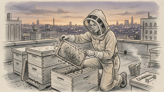 Beekeeper in protective suit tending to hives on a city rooftop at sunset with bee hive urban beekeeping protective gear food production urban farm honey production queen bee worker bee