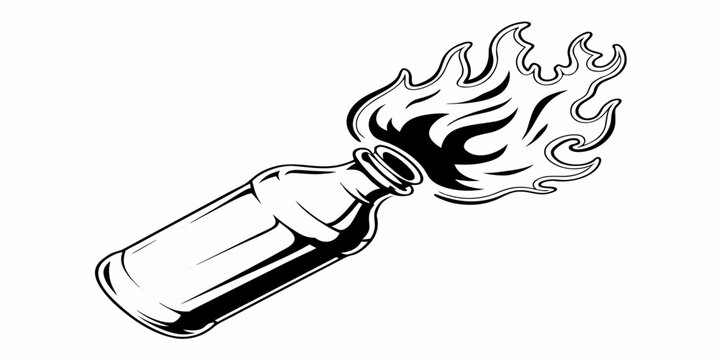 Molotov cocktail illustration style black and white graphic