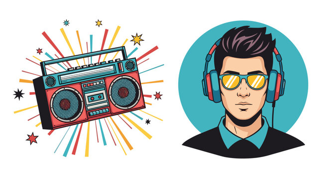 Vibrant pop art illustration pairs a retro 1980s boombox with a stylish young man wearing headphones and sunglasses for a music theme.