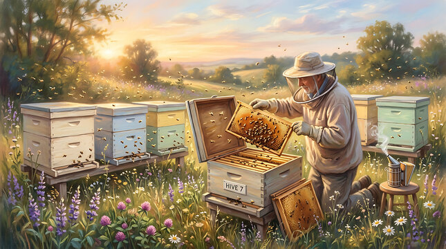 Beekeeper in protective suit inspecting a honeycomb in a field at sunrise with bee hive protective gear food production honey production queen bee worker bee royal jelly golden hour beekeeper