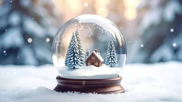 Festive snow globe with miniature cabin and pine trees in snowy winter landscape