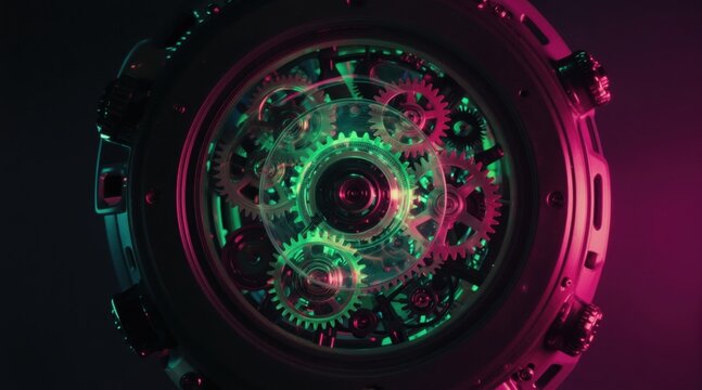 Closeup view of complex futuristic watch gears. Transparent mechanical system glows with green and pink light. Intricate machinery details show advanced tech and precision.