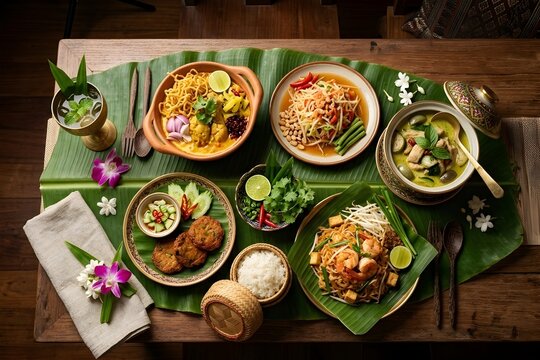 Thai Food Set with Pad Thai, Green Curry, Khao Soi and Som Tum served on Banana Leaf, Authentic Thailand Cuisine Traditional Gourmet