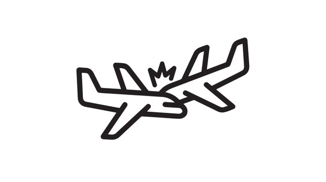 Simple black line vector illustration of two airplanes colliding in mid air during flight paths