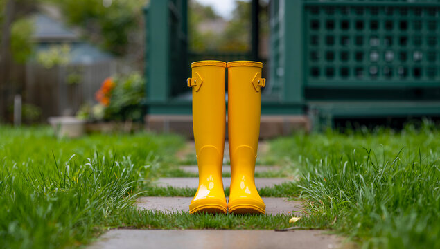 A pair of bright yellow rain boots standing on a stone path in a garden after a rain shower
