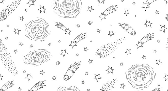 Seamless background pattern with hand-drawn space elements like comets, stars, and swirling galaxies in a black outline drawing style.